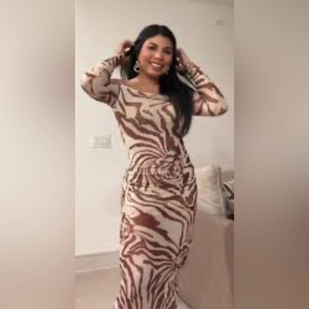 AFRM Shailene long-sleeve mesh midi dress S mob wife animal print bodycon party
